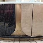 Two-Tone Oval Coffee Table with White Marble Top, High-Gloss Panels and Metal Base
